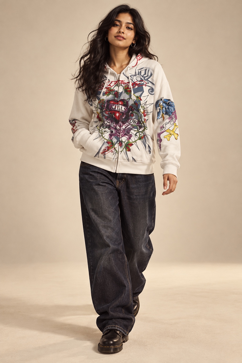 Model in an Ed Hardy tattoo hoodie and vintage denim