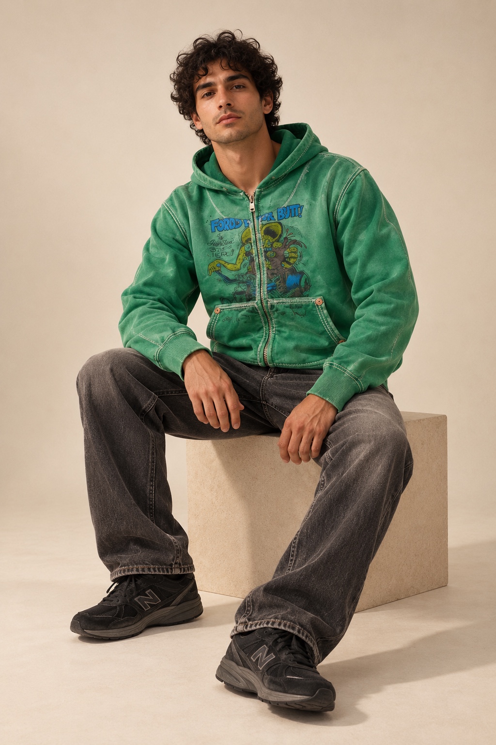 Model in a True Religion green zip hoodie