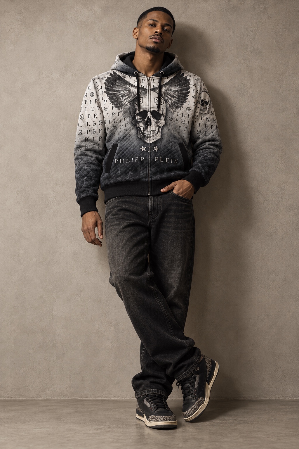 Model in a Philipp Plein skull zip hoodie