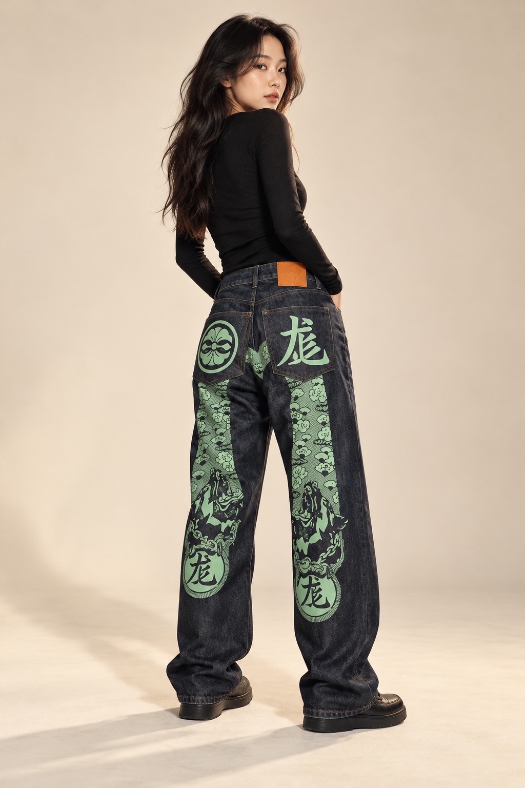 Model in Evisu graphic jeans