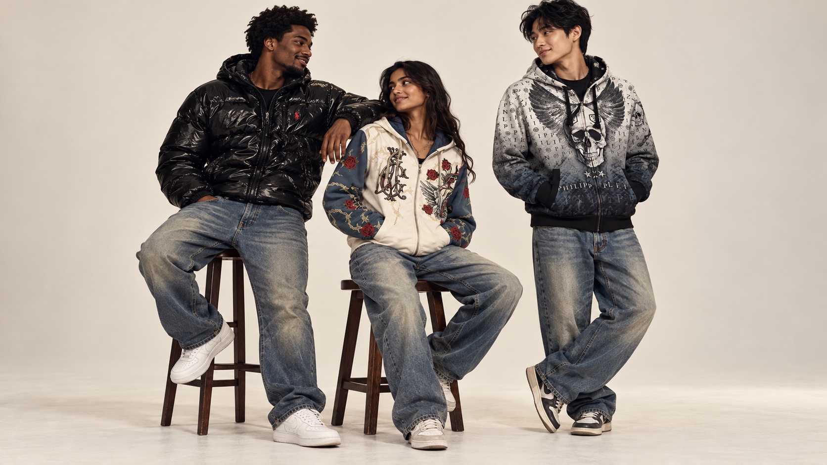Three models in OPM Grail vintage pieces in an ivory studio